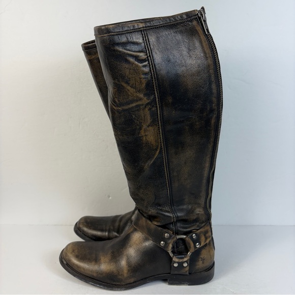 ❤️ Frye Phillip Harness Boots Black Distressed Leather Moto Biker 8 *Flaw - Picture 5 of 9